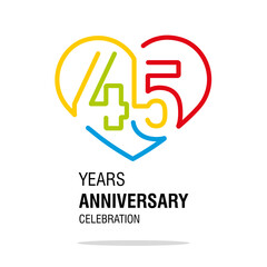 Anniversary 45 years decoration number forty five bounded by a loving heart colorful modern love line design logo icon white isolated vector illustration - obrazy, fototapety, plakaty