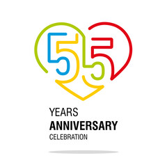 Anniversary 55 years decoration number fifty-five bounded by a loving heart colorful modern love line design logo icon white isolated vector illustration