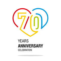 Anniversary 70 years decoration number seventy bounded by a loving heart colorful modern love line design logo icon white isolated vector illustration