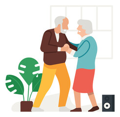 Elderly man and woman dancing together. Cute old couple