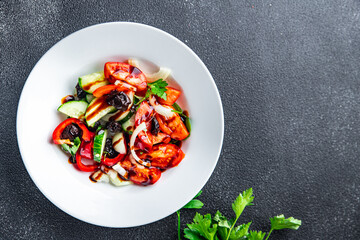 salad vegetable olive, tomato, cucumber, pepper fresh healthy meal food snack on the table copy space food background