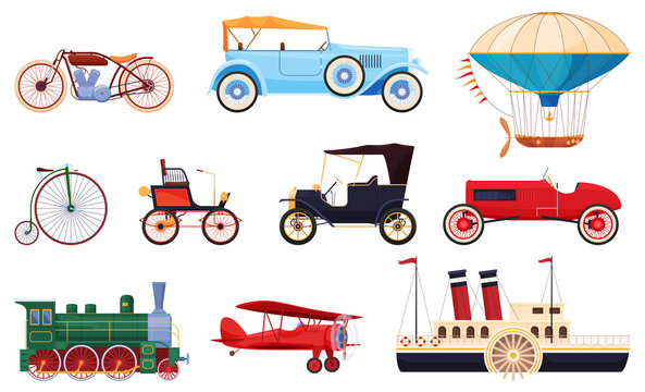 Vintage passenger transport collection vector flat illustration. Set boat, car, motorbike, airship