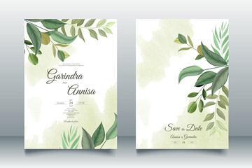 Elegant wedding invitation card with leaves template Premium Vector