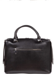 Small black leather woman's fashion handbag with strap isolated on white background