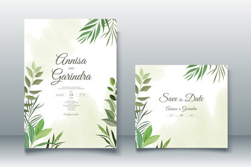 Fototapeta na wymiar Elegant wedding invitation card with leaves template Premium Vector