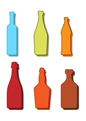 Set drinks. Alcoholic bottle. Liquor tequila champagne beer vermouth vodka. Simple shape isolated with shadow and light. Colored illustration on white background. Flat design style