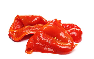 Fresh red pickled paprika pile for winter storage, peppers isolated on white  