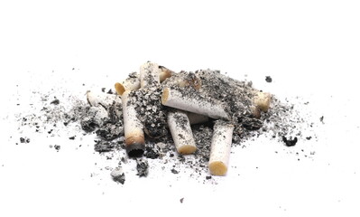Cigarette stubs in ash pile isolated on white  - obrazy, fototapety, plakaty