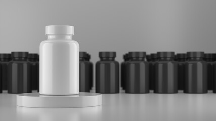 White mock up vitamin bottle surrounded by a black vitamin bottle.3d rendering.