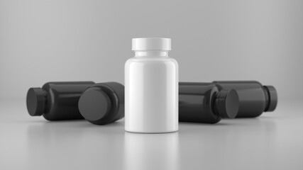 White mock up vitamin bottle surrounded by a black vitamin bottle.3d rendering.