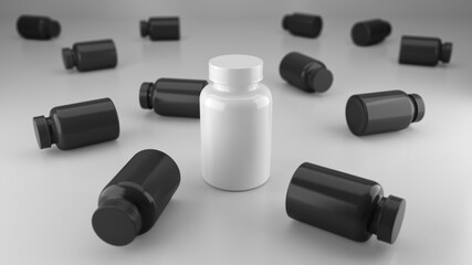 White mock up vitamin bottle surrounded by a black vitamin bottle.3d rendering.