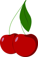 Minimalist Cherry Illustration with Leaf on White Background
