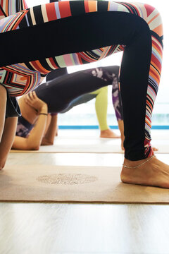 Detail Of A Group Of Women In A Yoga Studio Training In The One Leg Bridge Pose.