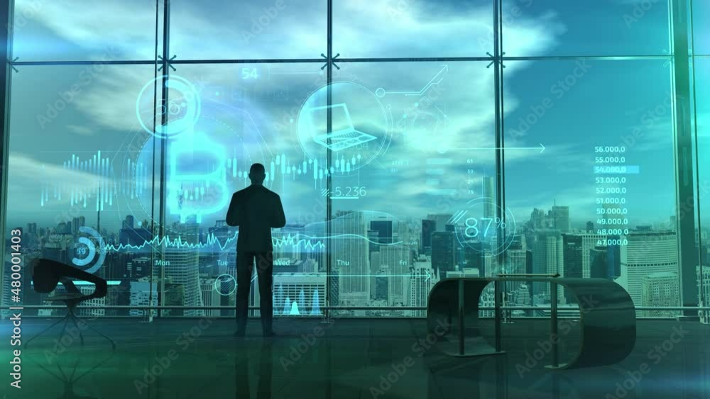Aufkleber silhouette of a trader in front of bitcoin quotes, 3d render.