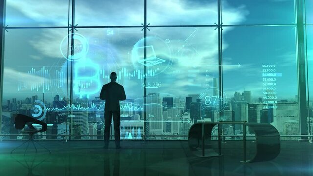 Silhouette of a trader in front of bitcoin quotes, 3D render.
