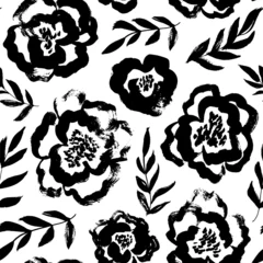 Foto op Plexiglas Borstel zwarte losse bladeren en bloemen vector naadloze patroon. Vintage bloemen sieraad. Botanisch vectorpatroon voor ontwerp en prints. Handgetekende zwarte verfinktillustratie met abstracte bloemen © Анастасия Гевко