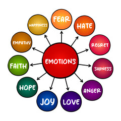 Emotions - psychological states brought on by neurophysiological changes, variously associated with thoughts, feelings, behavioural responses, mind map concept for presentations and reports