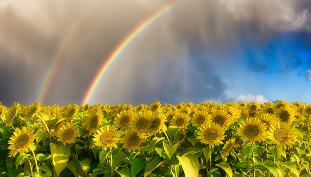 Field of blooming sunflowers in a meadow. 3d Rendering. Sunset Sky with Rainbow. Nature Background