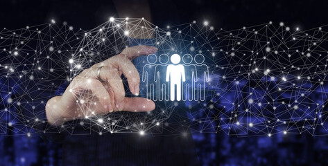 Business communication concept. Marketing. Teamwork. Hand hold digital hologram Human, Leader sign...
