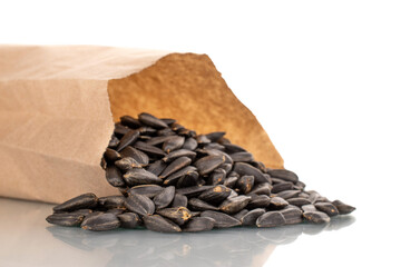 Many fragrant sunflower seeds in a paper bag, close-up, isolated on white.
