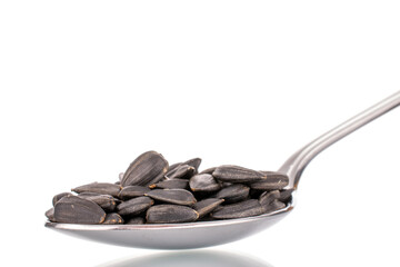 Many fragrant sunflower seeds with a metal spoon, close-up, isolated on white.