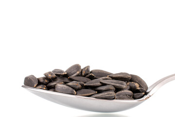 Many fragrant sunflower seeds with a metal spoon, close-up, isolated on white.