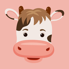 Cartoon cute cow face on pink background.