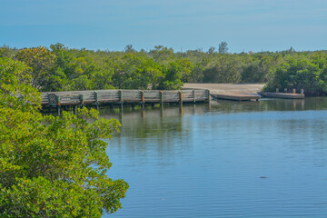 The boat launch and fishing pier in Round Island Riverside Park, on the Indian River, Vero Beach, Indian River County, Florida