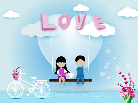 love for valentines day and young happy couple on window abstract pink background with love text and mini hearts Design for Valentine's Day. Vector illustration of paper crafts