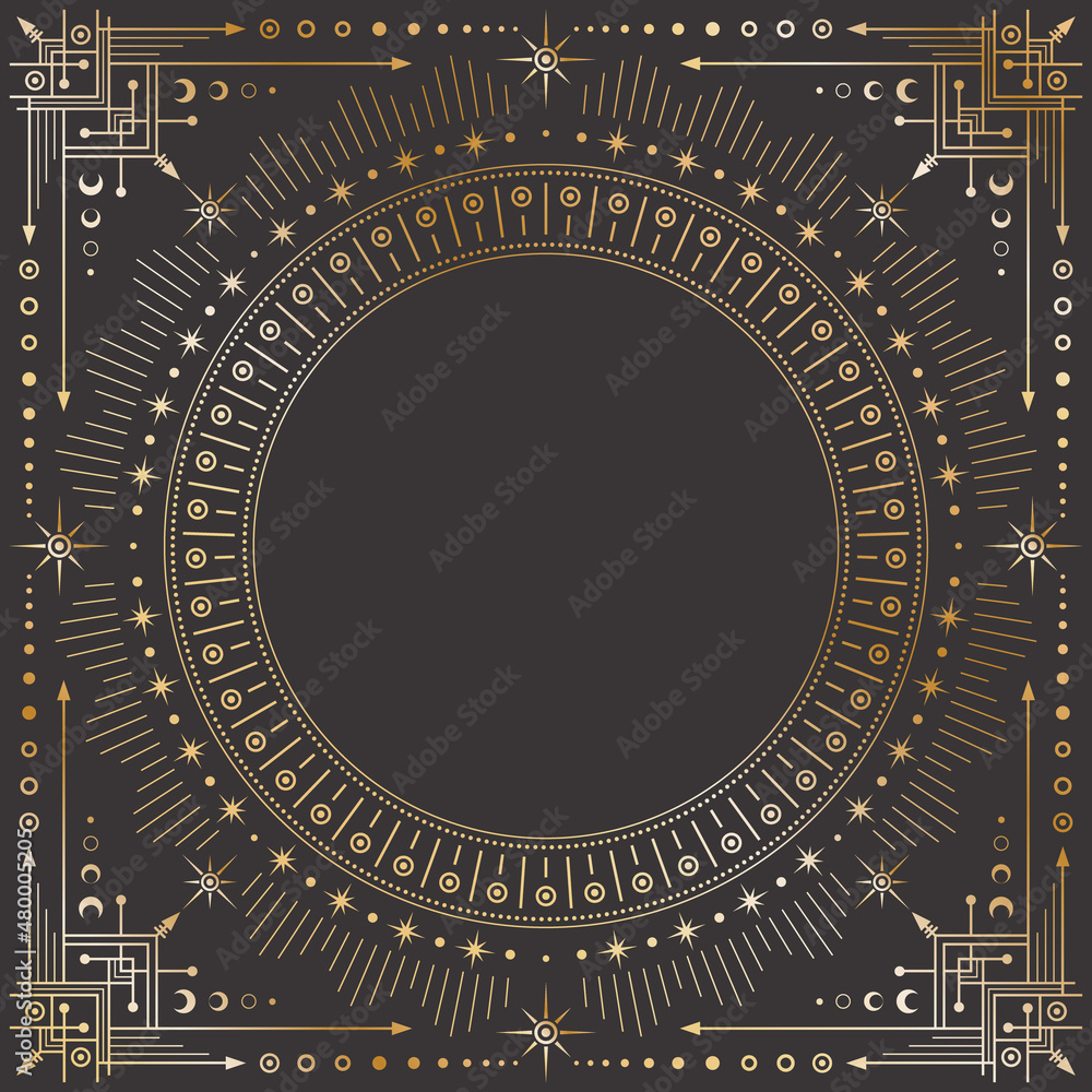 Canvas Prints vector mystic outline celestial square golden frame with stars, moon phases, crescents, arrows and c