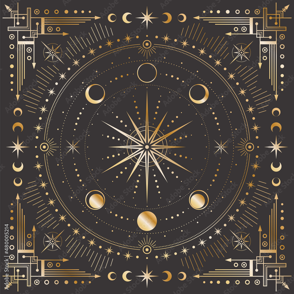 Wall mural vector golden celestial background with ornate geometric frame with arrows and crescents. mystic lin