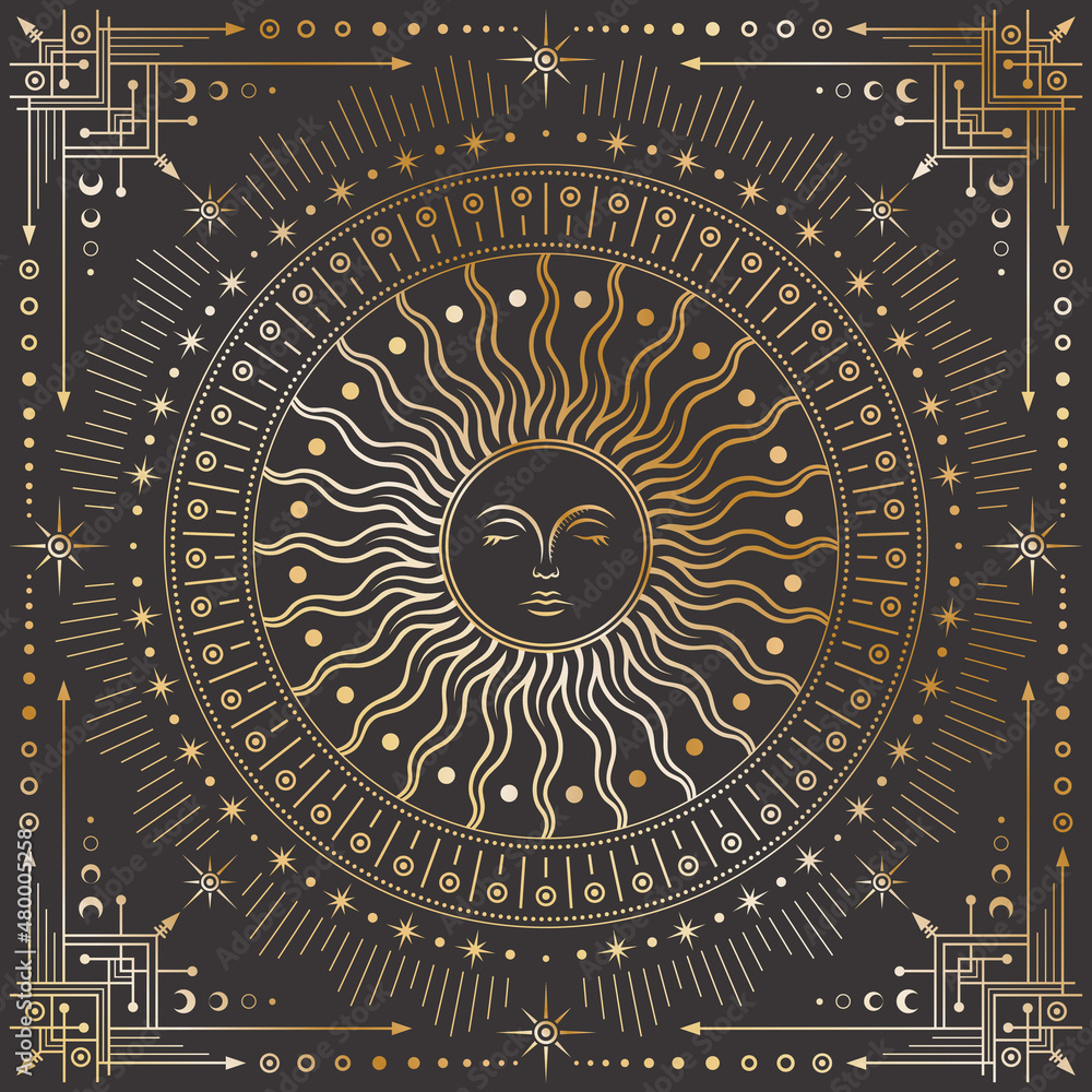 Wall mural vector golden celestial background with an ornate geometric frame with arrows, stars and crescents. 