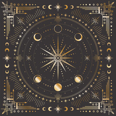 Vector golden celestial background with ornate geometric frame with arrows and crescents. Mystic linear square cover with a magical outline star, moon phases, dotted beams and radial circles