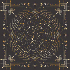 Vector golden outline celestial background with ornate geometric frame, magical circle with stars, zodiac constellations, moon phases, arrows and radial circles. Mystic linear square cover