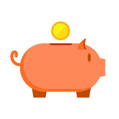 Pig piggy bank with gold coin on white background, vector illustration