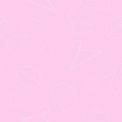 Fashion Pink Seamless Pattern. Vector seamless pattern or background with fashion elements, bags, kisses, hearts, shoes