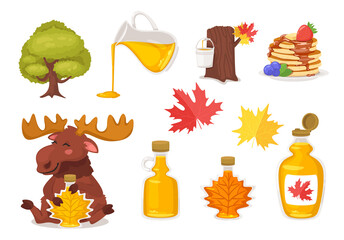 set with maple syrup, tree, and pancakes.