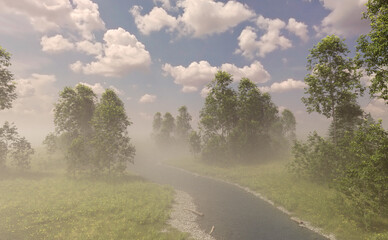 Misty countryside scenery with a river with grass and trees on the banks under a blue cloudy sky. 3D render.