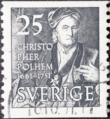 Sweden - circa 1951: a postage stamp from Sweden showing a portrait of Christopher Polhem (1661-1751) scientist, inventor