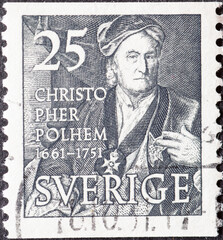 Sweden - circa 1951: a postage stamp from Sweden showing a portrait of Christopher Polhem...