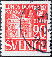 Sweden - circa 1946: a postage stamp from Sweden showing a church 800th Anniversary Lund Cathedral