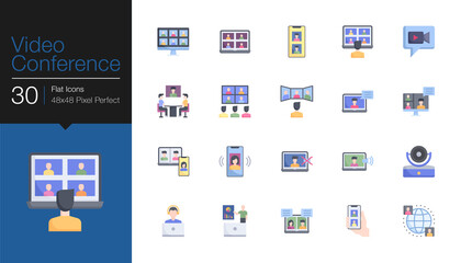 Video conference icons. Flat design. For presentation, graphic design, mobile application or UI.