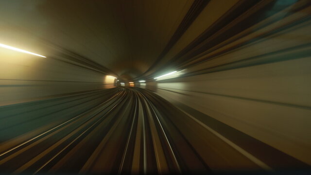 Metro In Dubai, United Arab Emirates. FPV POV At Fast Speed Drive Motion. Long Exposure Time Lapse, Timelapse, Time-lapse, street motion Dubai Subway. hyperlapse Tunnel. driverless metro in blurred