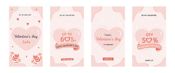 Happy Valentine's Day vertical cards. Trendy abstract art templates, banners, posters, cover design templates, social media stories wallpapers. Vector set of Valentines day sale abstract backgrounds.