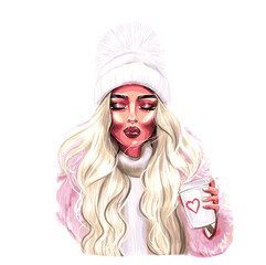 Hand drawn beautiful winter girl with coffee.