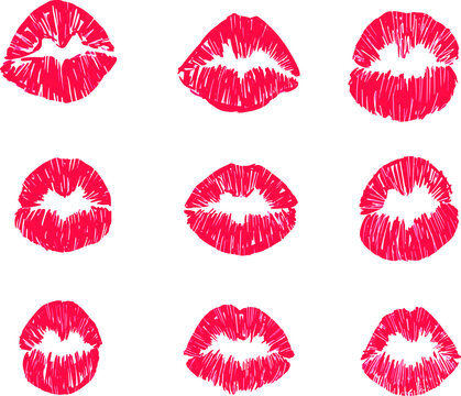 Female lips lipstick kiss print set for valentine day and love illustration isolated on white background. Lipstick kiss print isolated vector set. red vector lips set.