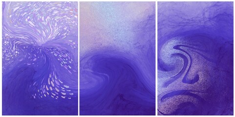 trendy very peri backgrounds, set of three abstract minimalistic wallpapers with colorful holographic elements, elegant collection of cover design templates with space for text, interior wall posters