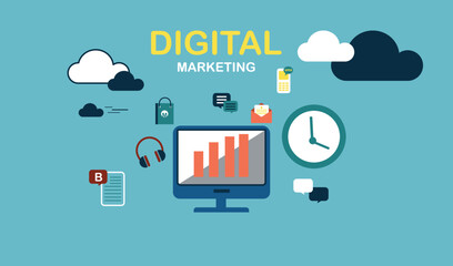 Social media marketing template concept with emoji, webpage, search icons, chat and chart with smartphone