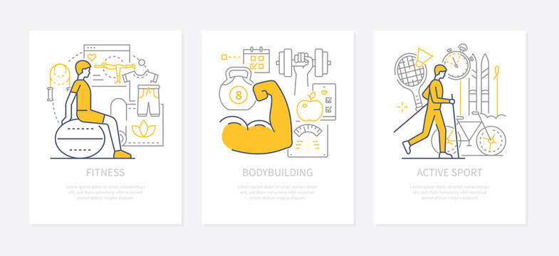 Fitness and active sports - modern line design style banners set