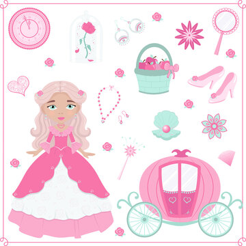 Set with a cute princess and accessories, children's illustration, illustration for girls. Vector.